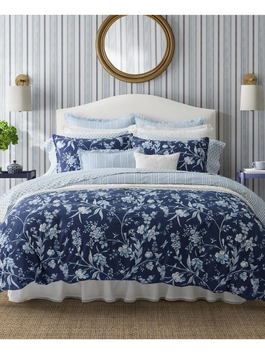 Комплект постельного белья Branch Toile из хлопка, двусторонний, 5 предметов, размер Twin Laura — изображение 1 из 10, синий