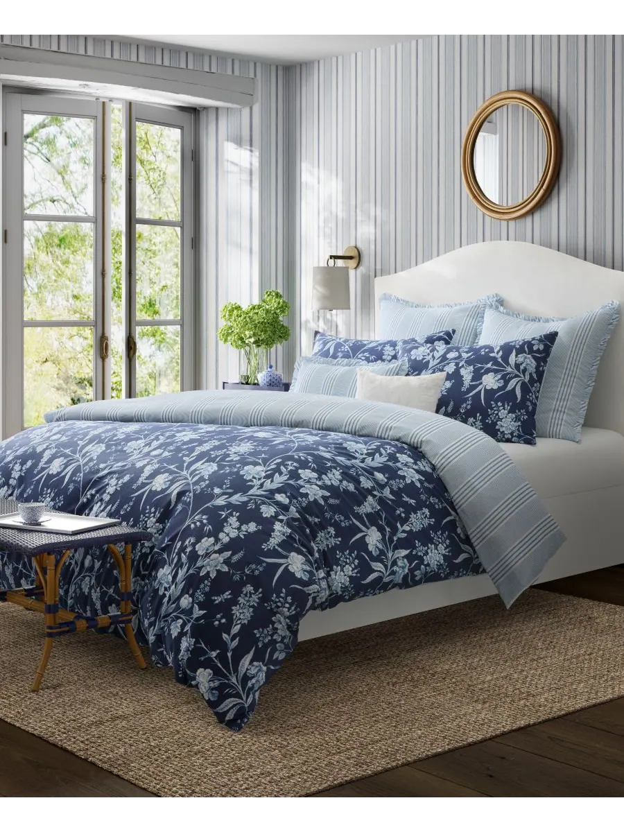 Комплект постельного белья Branch Toile из хлопка, двусторонний, 5 предметов, размер Twin Laura — изображение 2 из 10, синий