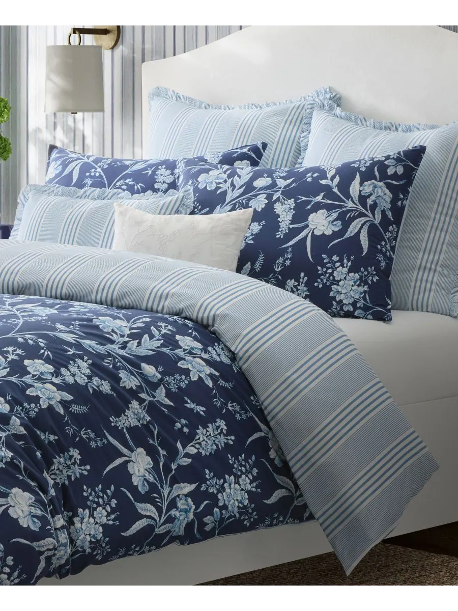 Комплект постельного белья Branch Toile из хлопка, двусторонний, 5 предметов, размер Twin Laura — изображение 4 из 10, синий