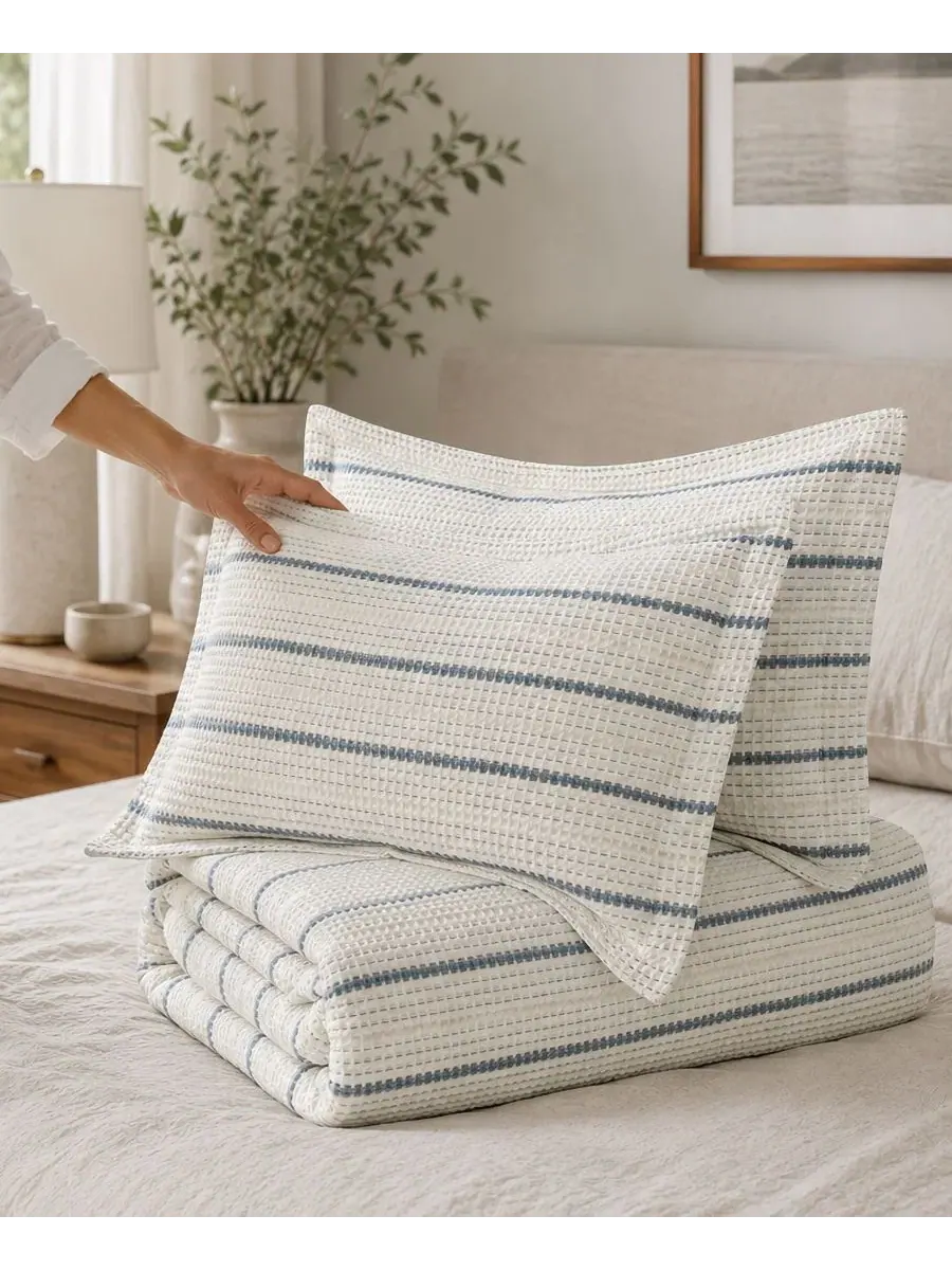 Комплект стеганого одеяла с пододеяльником Waffle Stripe Textured 3-Piece Duvet Set, Full/Queen — изображение 3 из 5, синий