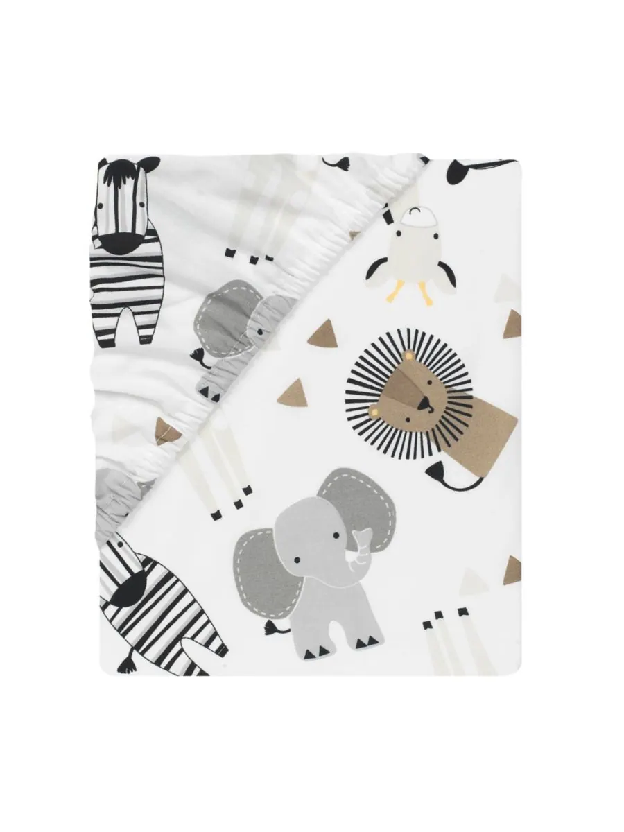 Простыня для детской кроватки Baby Jungle Safari из хлопка, белая/серая, с изображением слона/льва — изображение 3 из 5