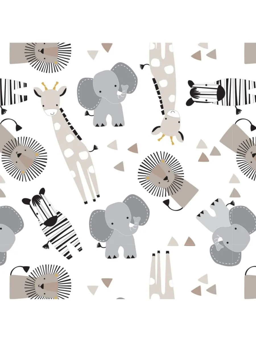 Простыня для детской кроватки Baby Jungle Safari из хлопка, белая/серая, с изображением слона/льва — изображение 4 из 5
