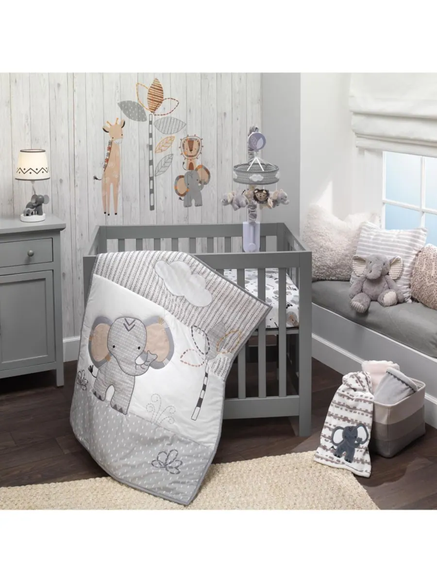 Простыня для детской кроватки Baby Jungle Safari из хлопка, белая/серая, с изображением слона/льва — изображение 5 из 5