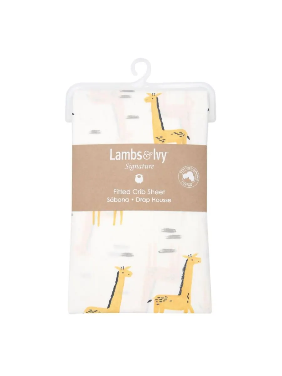 Простыня для детской кроватки Baby Signature Giraffe из органического хлопка, бело-желтая Lambs & — изображение 4 из 4, белый