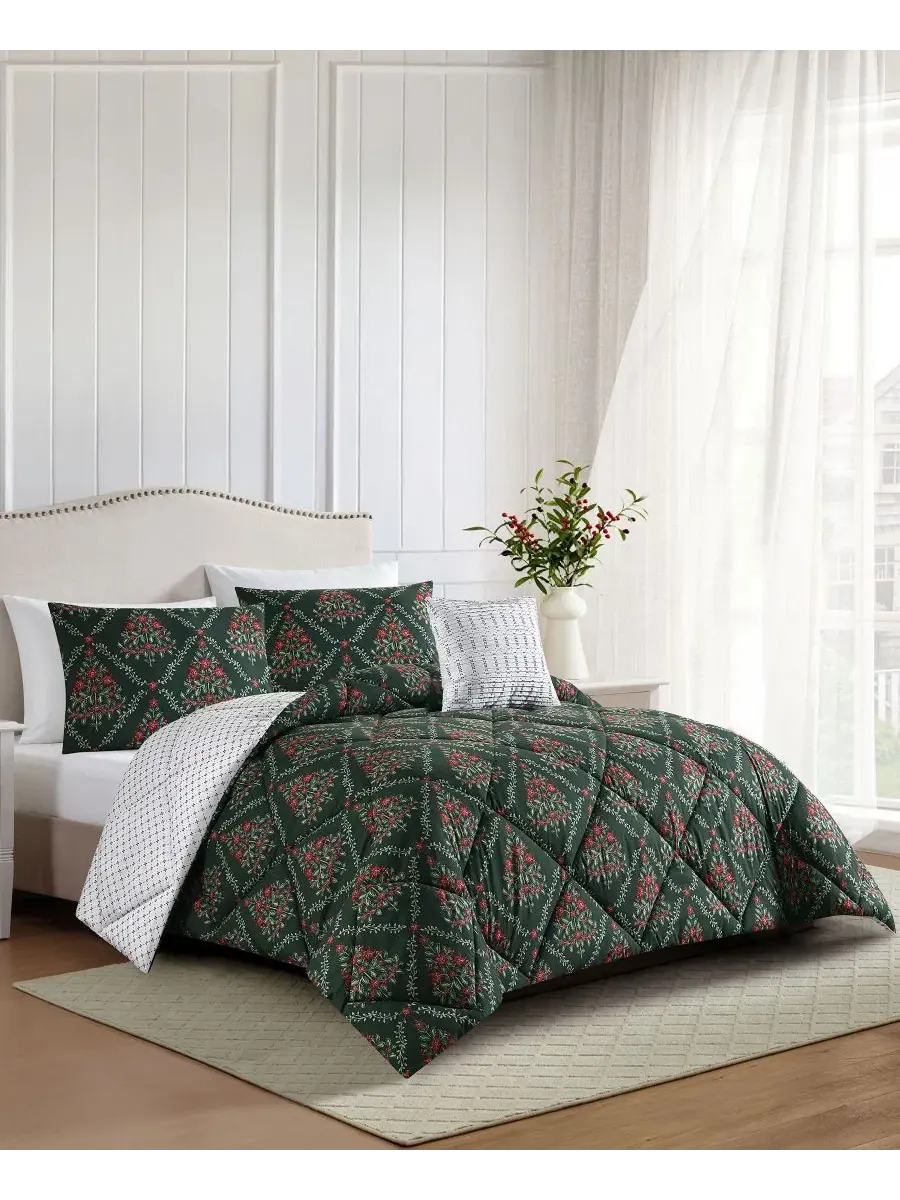 Комплект стеганого одеяла с флористическим принтом Holly Tree Floral Lenox — изображение 3 из 10, зеленый