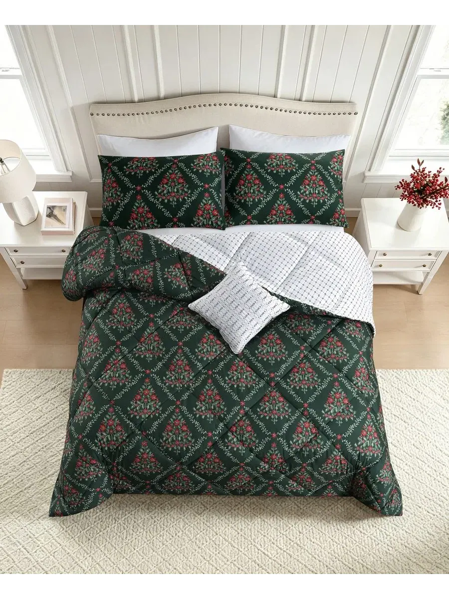 Комплект стеганого одеяла с флористическим принтом Holly Tree Floral Lenox — изображение 4 из 10, зеленый
