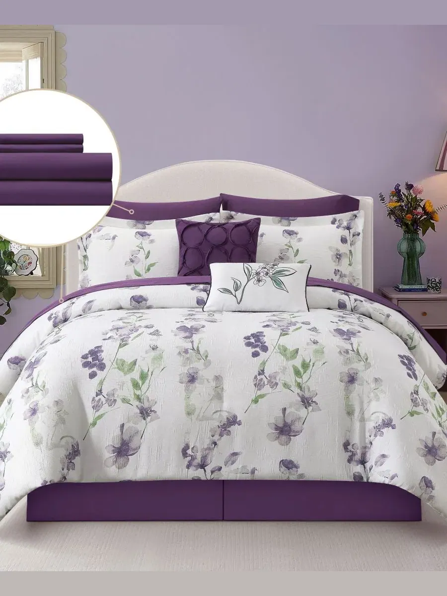 Комплект постельного белья Kinton Floral, 10 предметов, King Stratford Park — изображение 2 из 10, белый фиолетовый