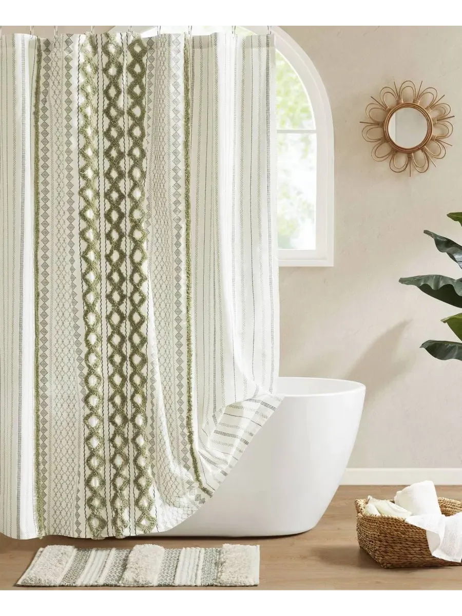Шторка для ванной из хлопка с принтом, 183 x 213 см, с каймой из шенилла, Imani Stripe Chenille — изображение 1 из 9