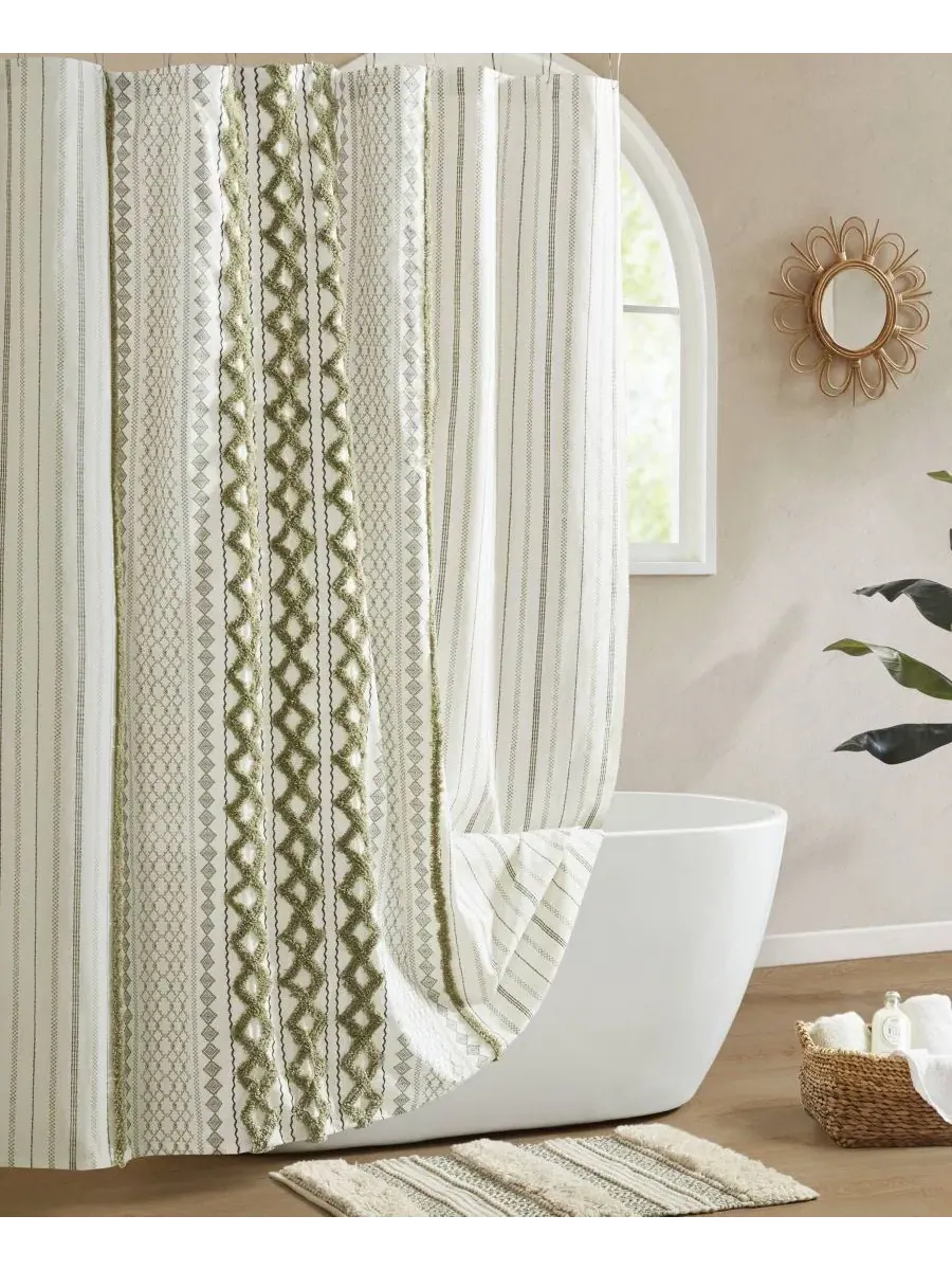 Шторка для ванной из хлопка с принтом, 183 x 213 см, с каймой из шенилла, Imani Stripe Chenille — изображение 2 из 9