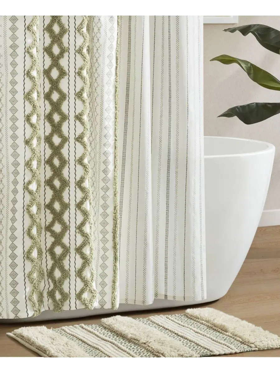 Шторка для ванной из хлопка с принтом, 183 x 213 см, с каймой из шенилла, Imani Stripe Chenille — изображение 4 из 9