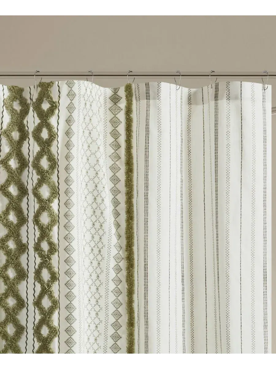 Шторка для ванной из хлопка с принтом, 183 x 213 см, с каймой из шенилла, Imani Stripe Chenille — изображение 5 из 9