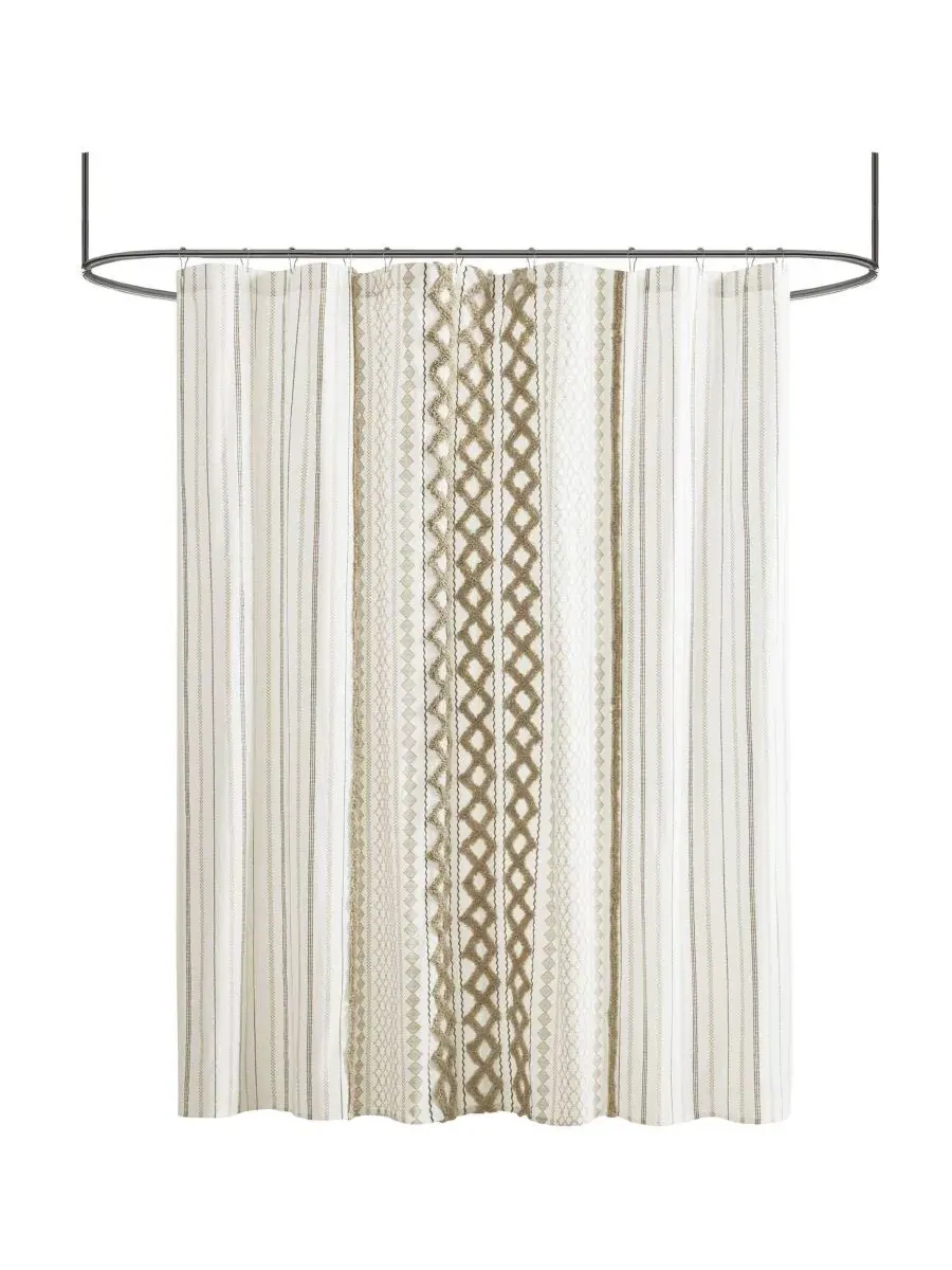 Шторка для ванной с каймой из шенилла Imani Stripe Chenille INK+IVY — изображение 3 из 9, серый