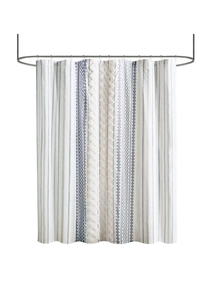 Шторка для ванной с принтом и каймой из шенилла Imani Stripe Chenille INK+IVY — изображение 3 из 10, белый темно-синий
