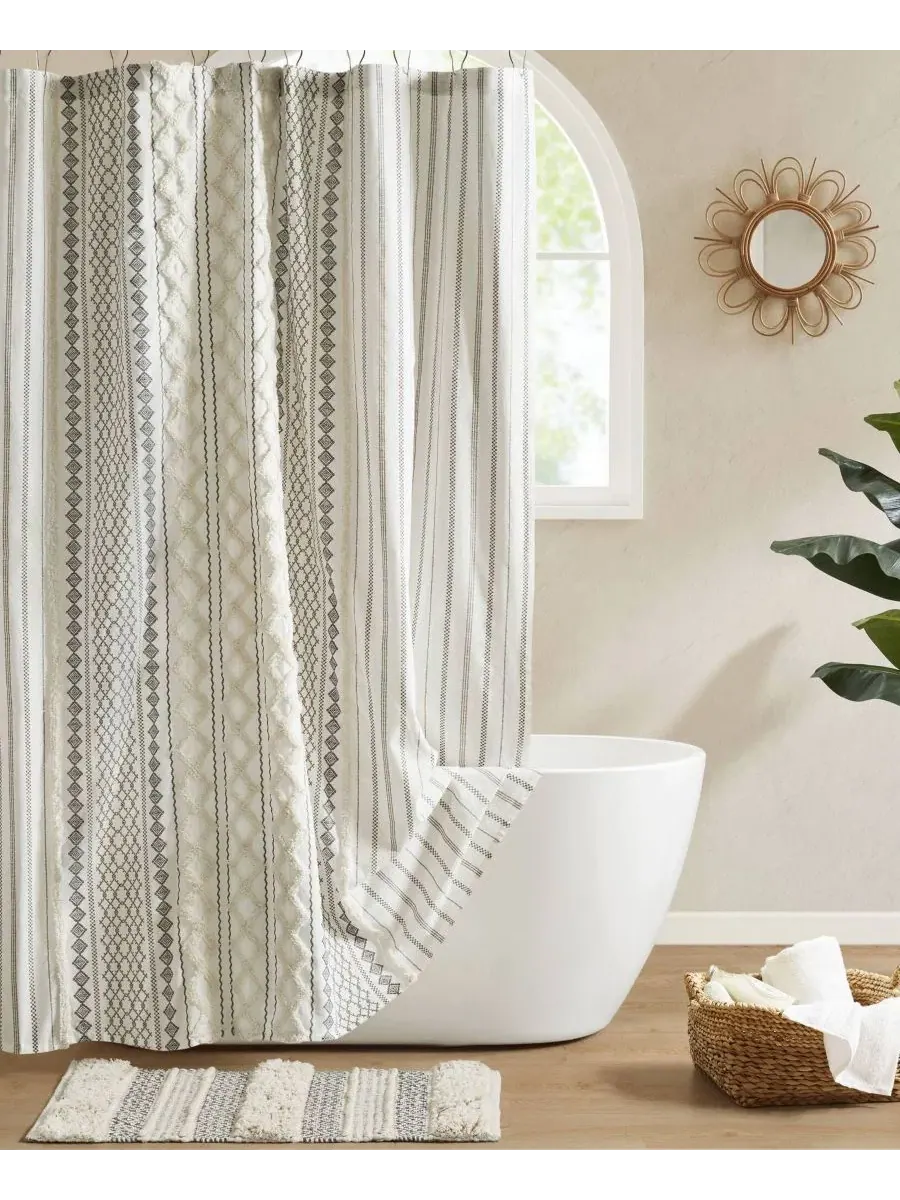 Штора для ванной из хлопка с принтом, 183 x 213 см, с отделкой из шенилла, Imani Stripe Chenille — изображение 1 из 10, белый
