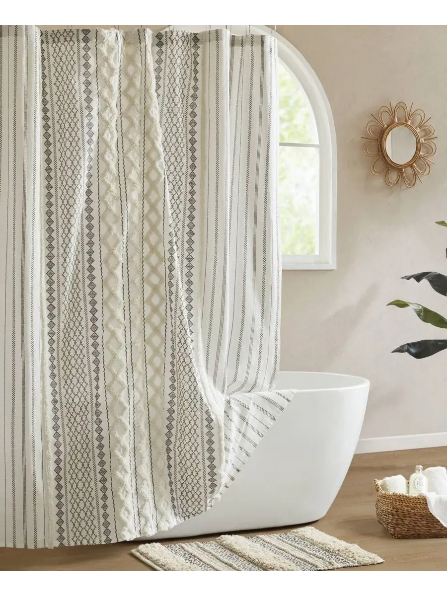 Штора для ванной из хлопка с принтом, 183 x 213 см, с отделкой из шенилла, Imani Stripe Chenille — изображение 2 из 10, белый