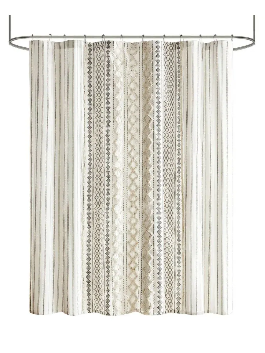 Штора для ванной из хлопка с принтом, 183 x 213 см, с отделкой из шенилла, Imani Stripe Chenille — изображение 3 из 10, белый