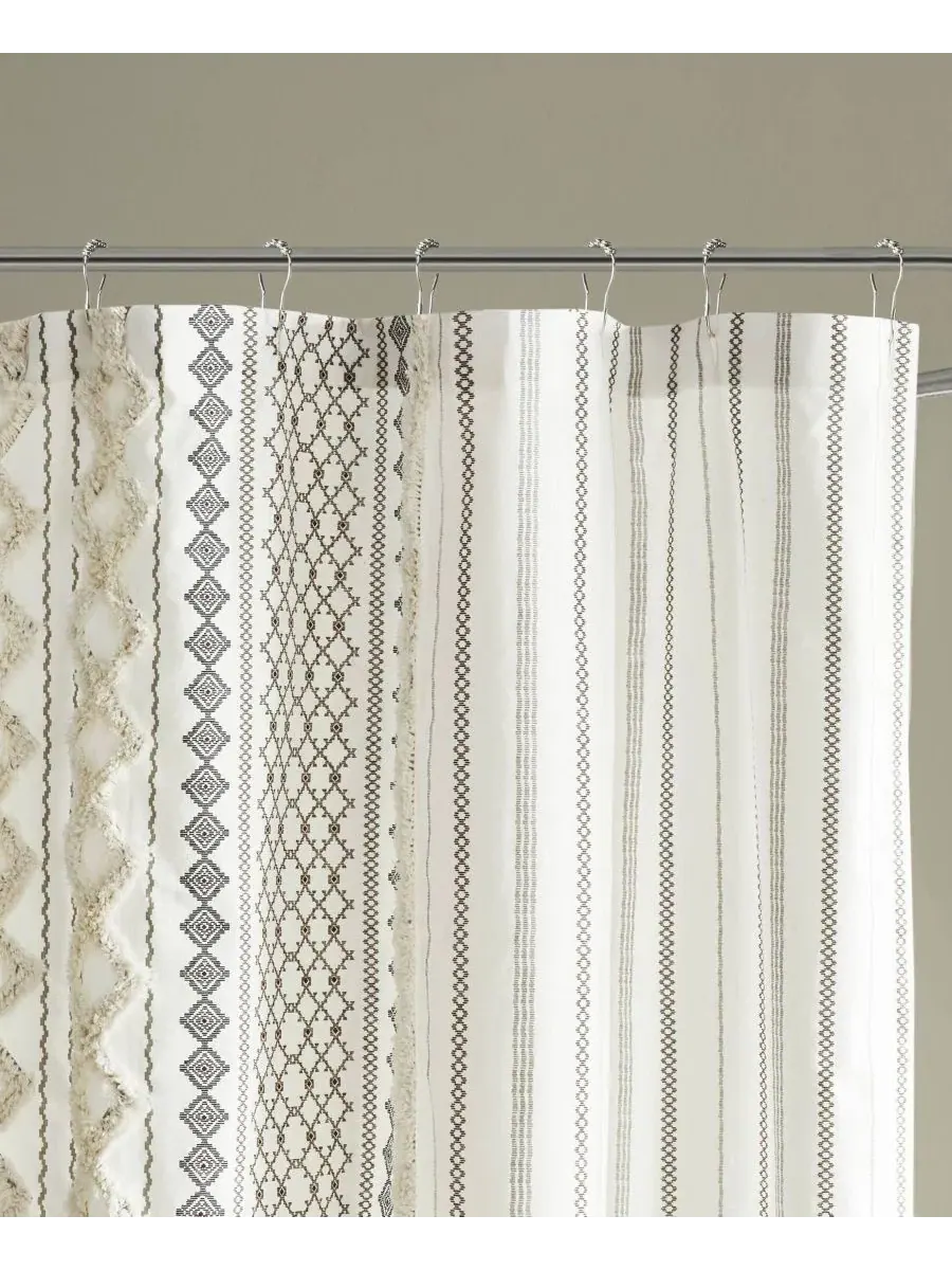 Штора для ванной из хлопка с принтом, 183 x 213 см, с отделкой из шенилла, Imani Stripe Chenille — изображение 5 из 10, белый