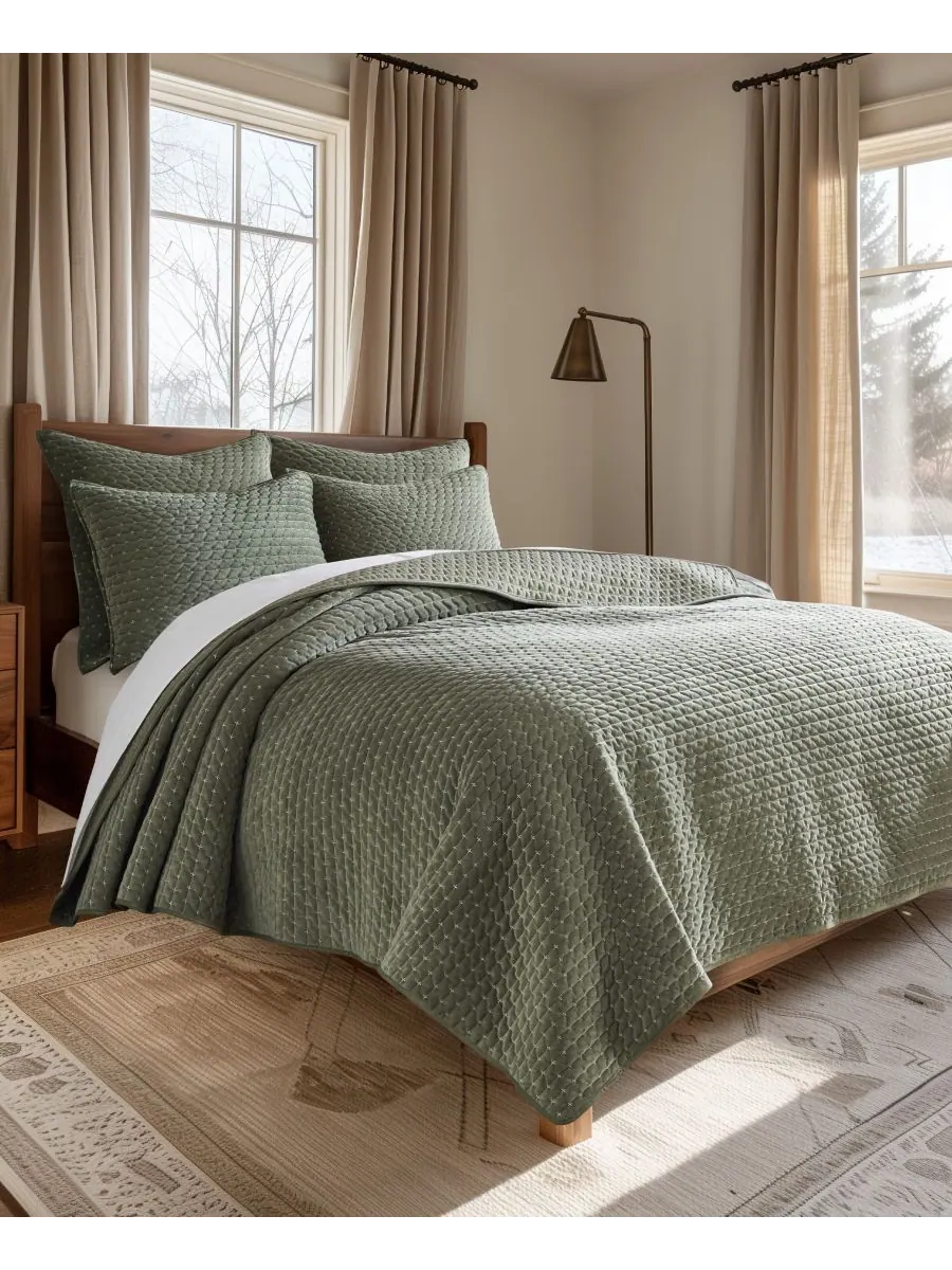 Двустороннее одеяло Velvet Stitch, 3 предмета, размер Full/Queen Levtex — изображение 2 из 6, зеленый
