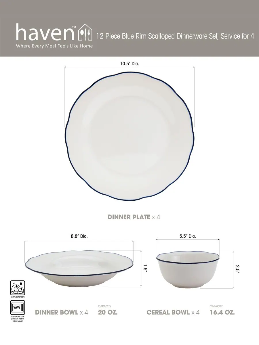 Набор посуды Blue Rim Scalloped из 12 предметов, на 4 персоны — изображение 6 из 8, белый