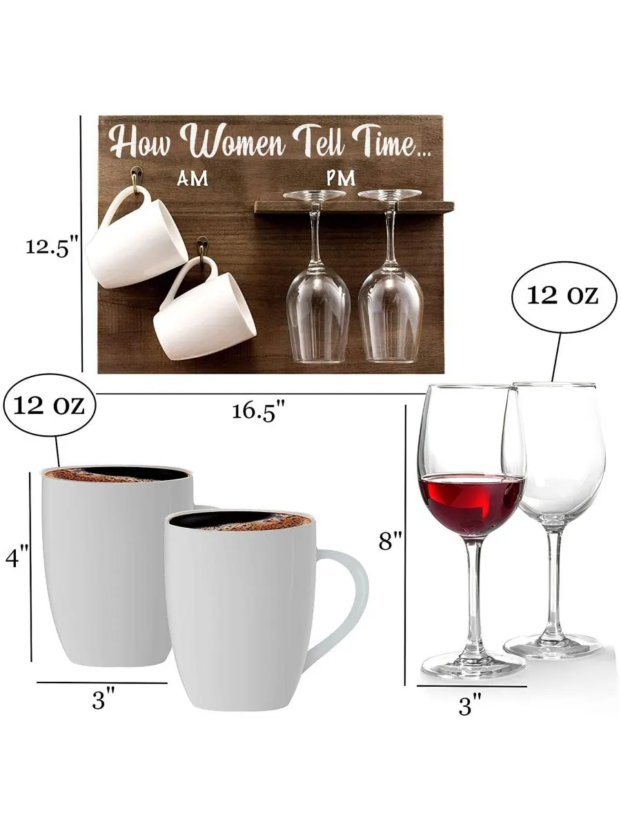 Настенная винная полка How Woman Tell Time с бокалами и кофейными кружками, набор из 5 штук Bezrat — изображение 4 из 6