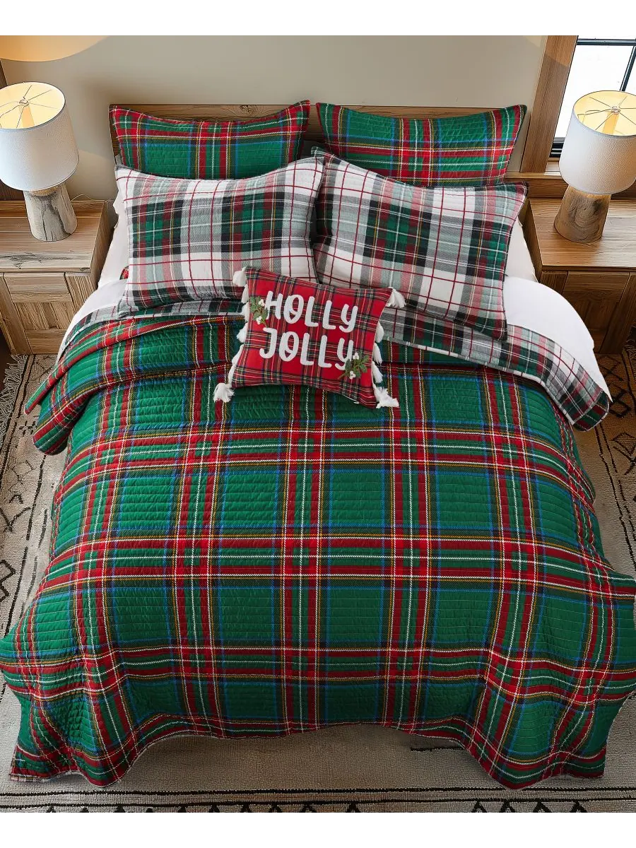Двустороннее стеганое одеяло Spencer Plaid, размер Full/Queen Levtex — изображение 2 из 5, зеленый