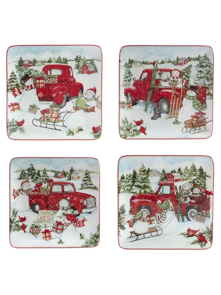 Набор десертных тарелок Red Truck Snowman 4 Piece Certified International — изображение 1 из 5, красный белый