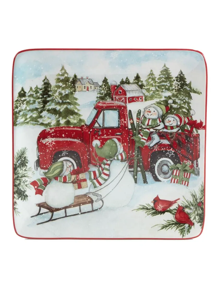 Набор десертных тарелок Red Truck Snowman 4 Piece Certified International — изображение 2 из 5, красный белый
