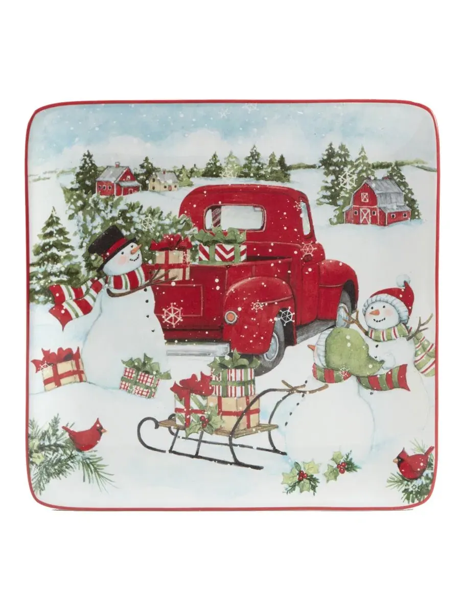 Набор десертных тарелок Red Truck Snowman 4 Piece Certified International — изображение 3 из 5, красный белый
