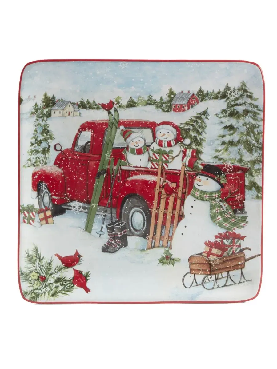 Набор десертных тарелок Red Truck Snowman 4 Piece Certified International — изображение 4 из 5, красный белый