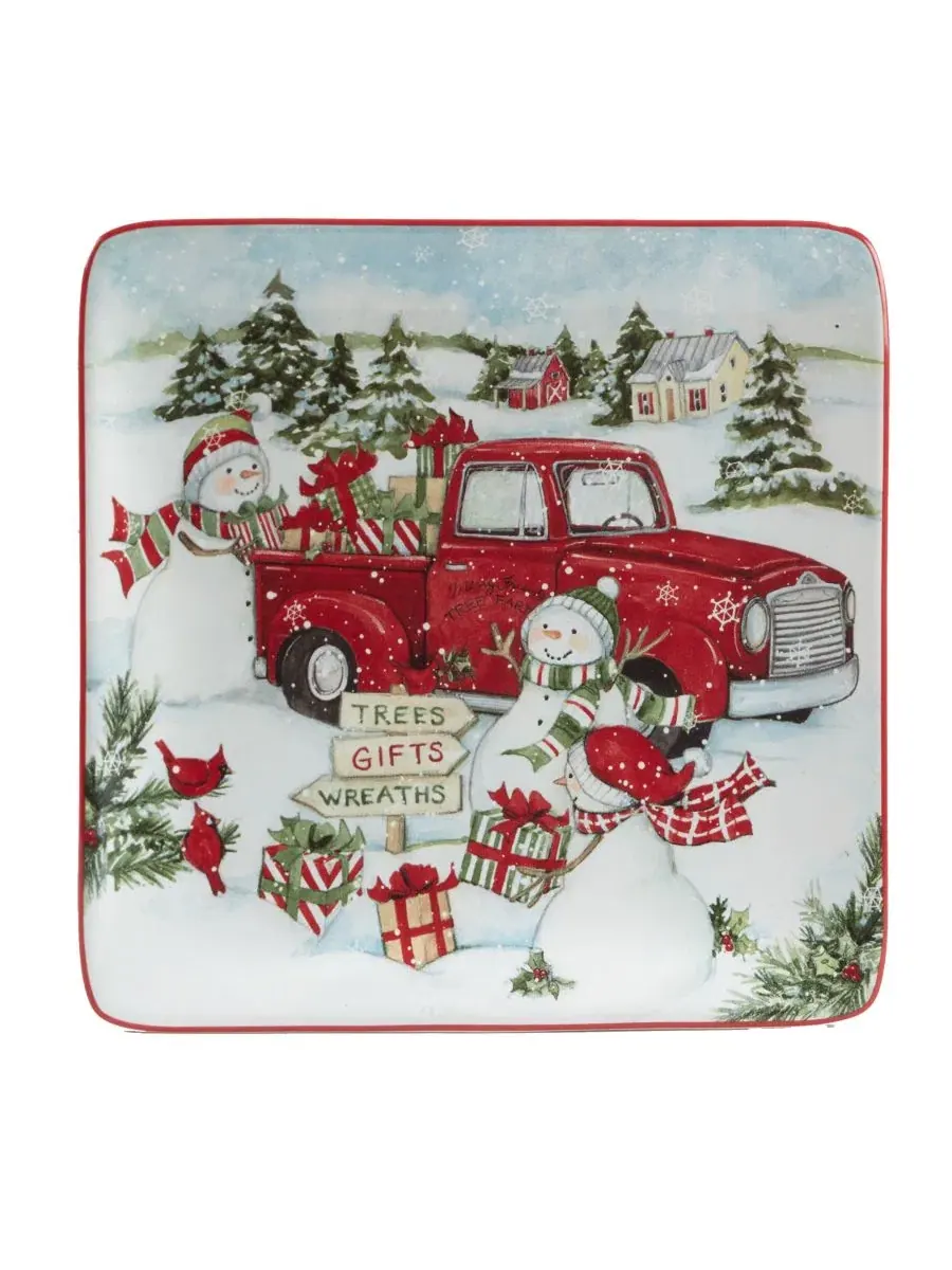 Набор десертных тарелок Red Truck Snowman 4 Piece Certified International — изображение 5 из 5, красный белый