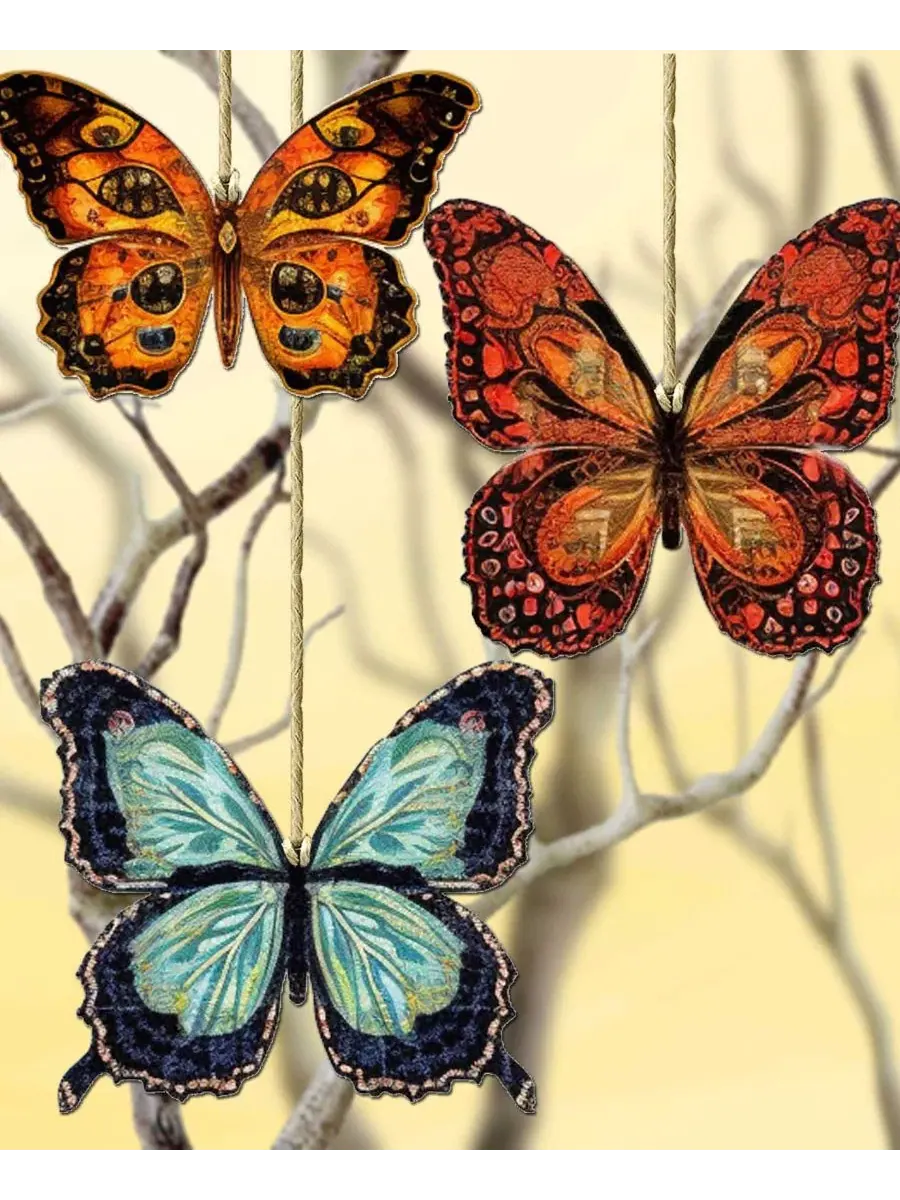 Набор из 3 деревянных елочных украшений Summer Butterfly Designocracy — изображение 2 из 8, мульти