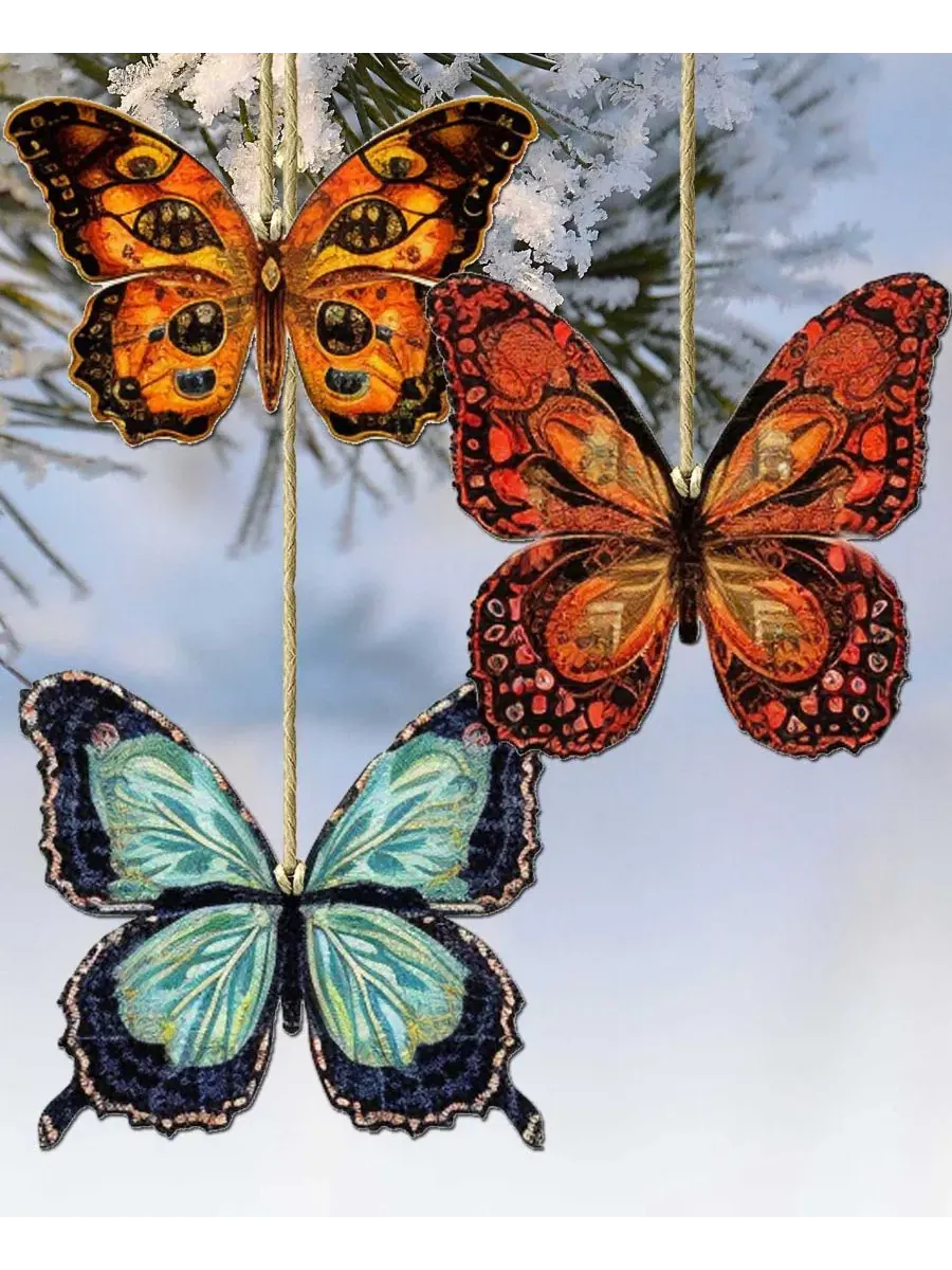 Набор из 3 деревянных елочных украшений Summer Butterfly Designocracy — изображение 7 из 8, мульти