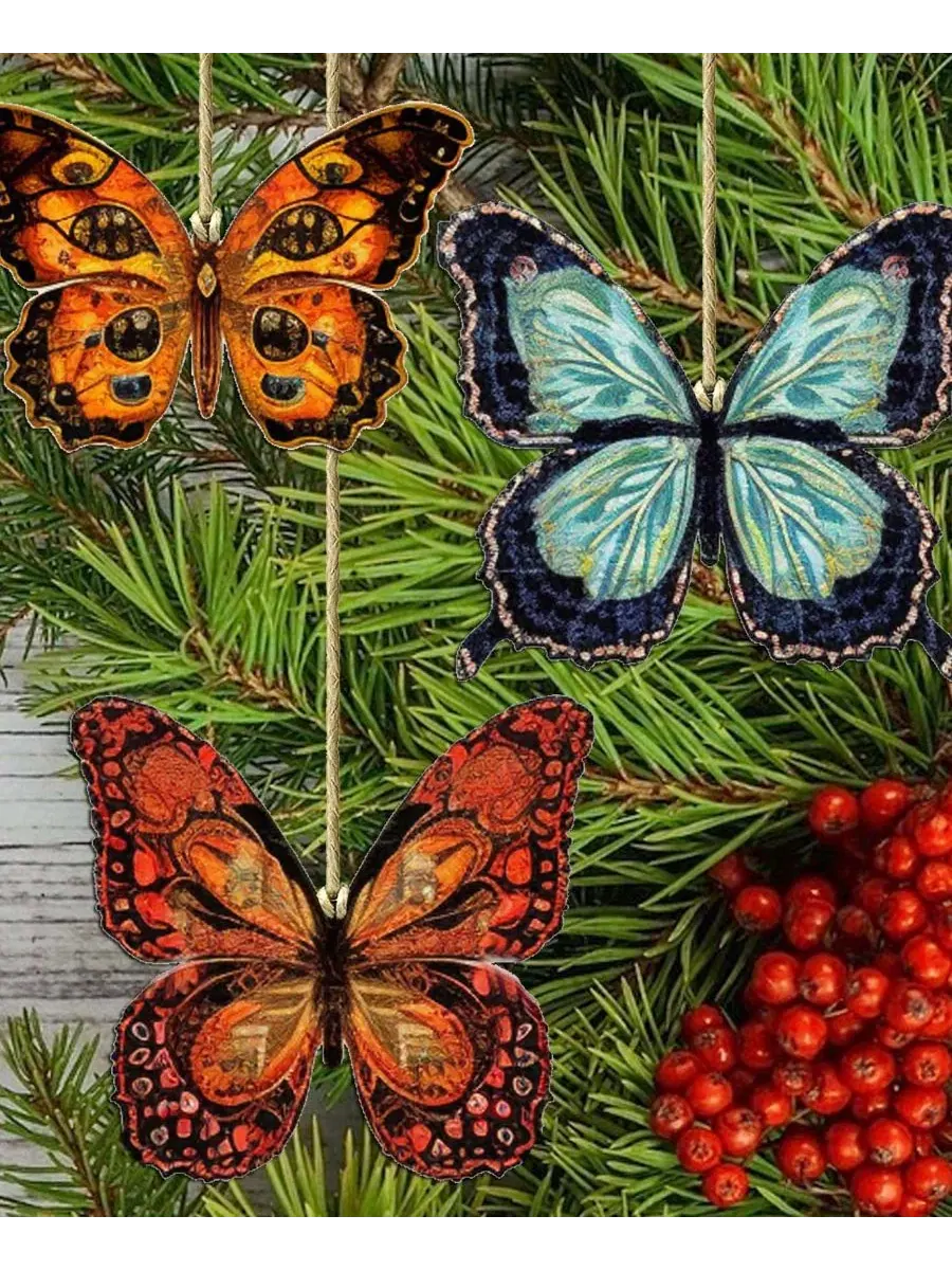 Набор из 3 деревянных елочных украшений Summer Butterfly Designocracy — изображение 8 из 8, мульти