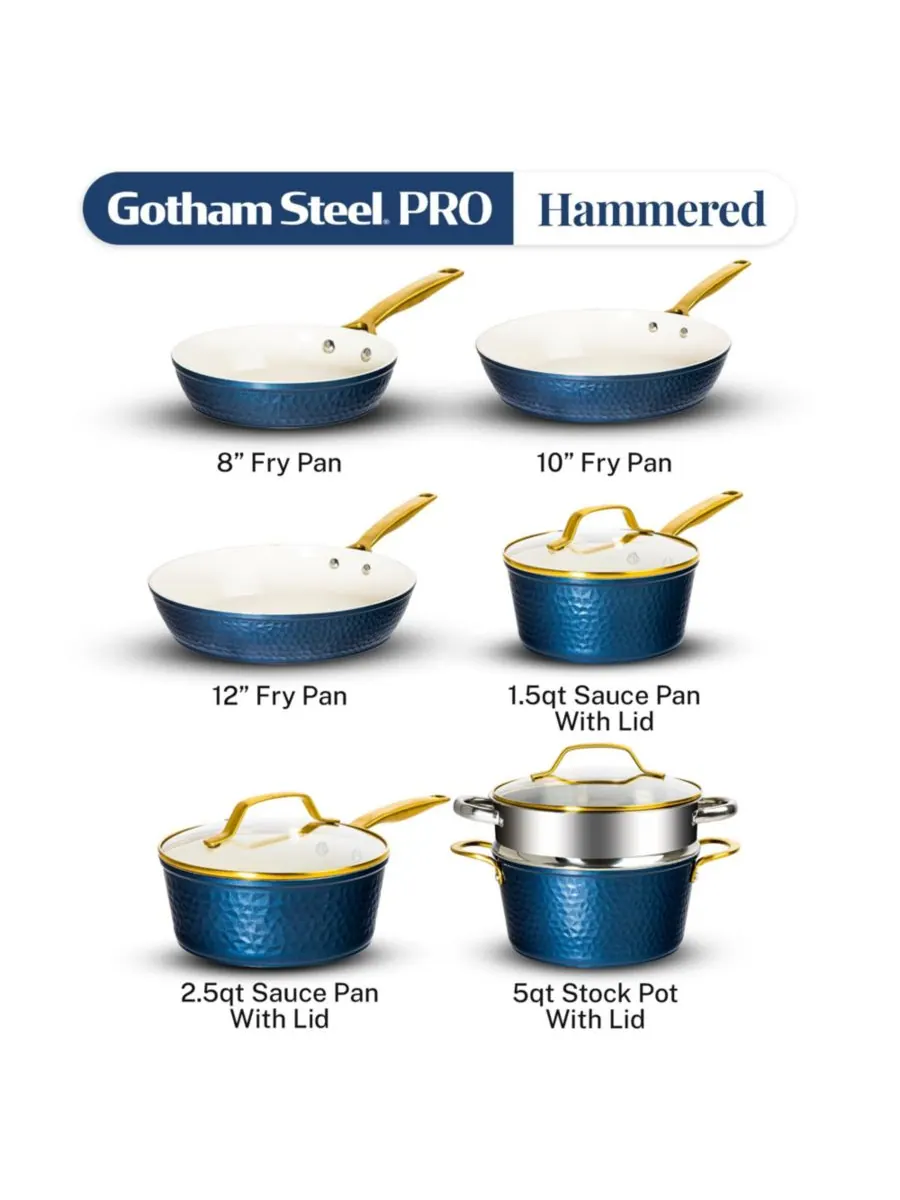 Набор кухонной посуды Gotham Steel Pro Hammered Collection, 10 предметов — изображение 2 из 7, темно-синий