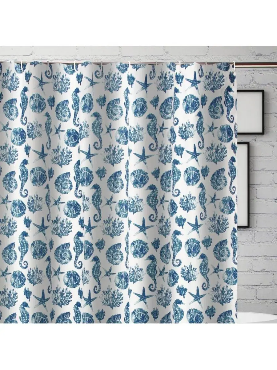 Шторка для ванной Pebble Beach, 183x183 см, с морским принтом Greenland Home Fashions — изображение 2 из 3, синий
