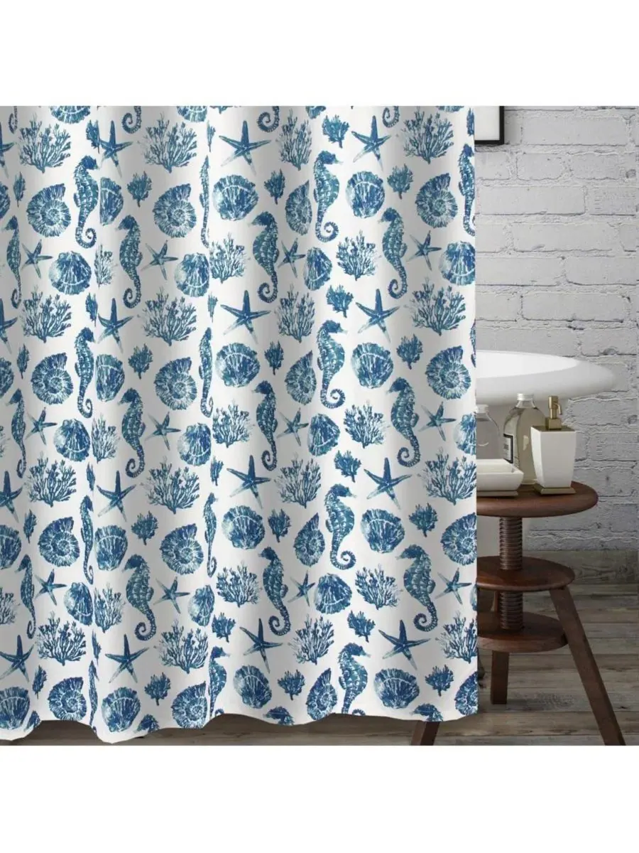 Шторка для ванной Pebble Beach, 183x183 см, с морским принтом Greenland Home Fashions — изображение 3 из 3, синий
