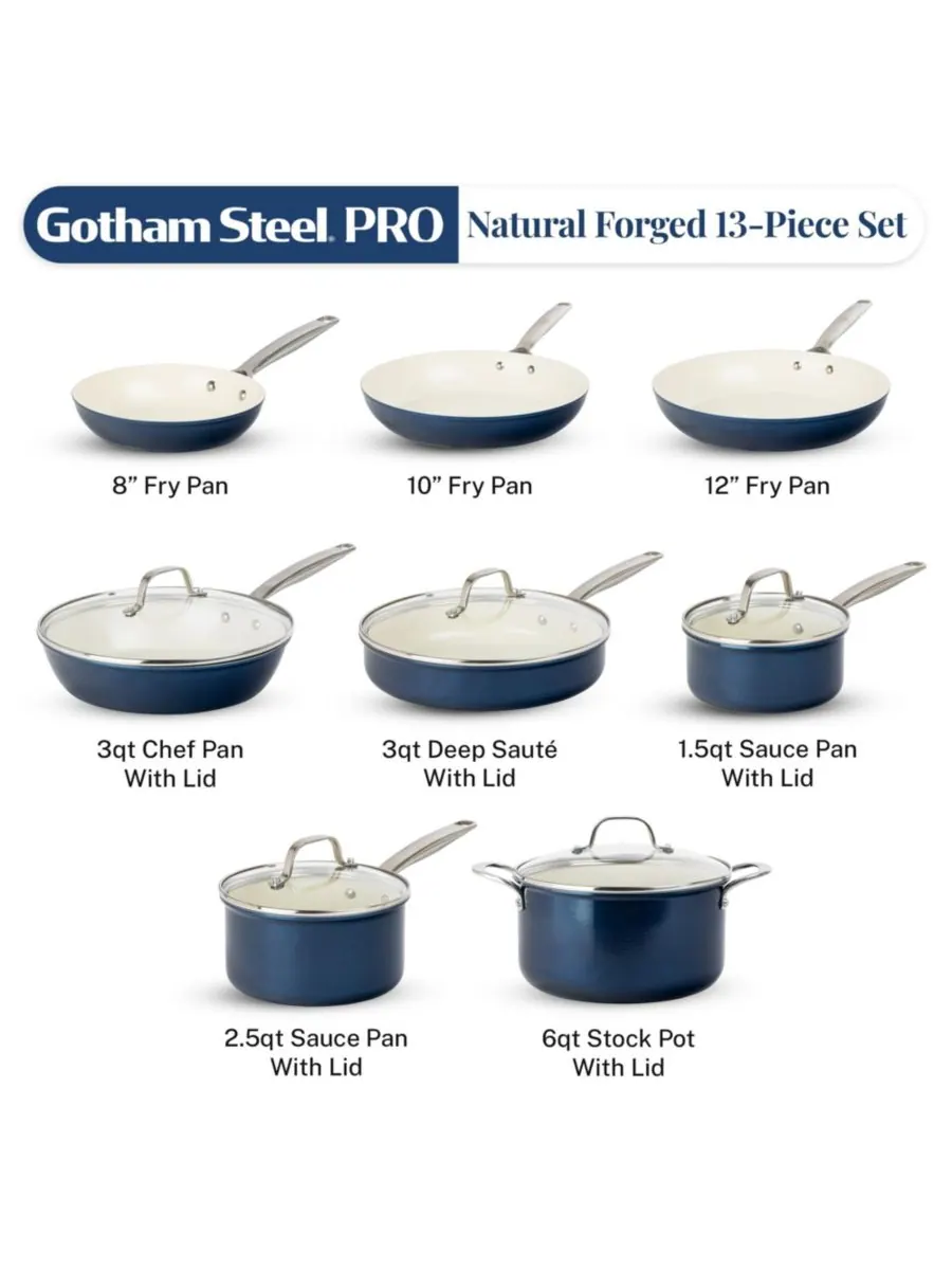 Набор кухонной посуды Gotham Steel Pro Natural Ceramic Coating Nonstick, 13 предметов — изображение 2 из 8, темно-синий