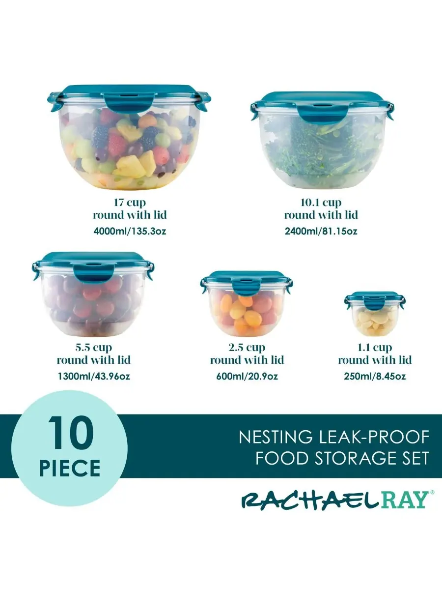 Набор для хранения продуктов Nestable из 10 предметов Rachael Ray — изображение 7 из 10, бирюзовый