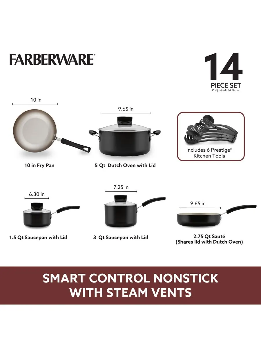 Набор посуды с антипригарным покрытием Smart Control, 14 предметов Farberware — изображение 3 из 10, черный
