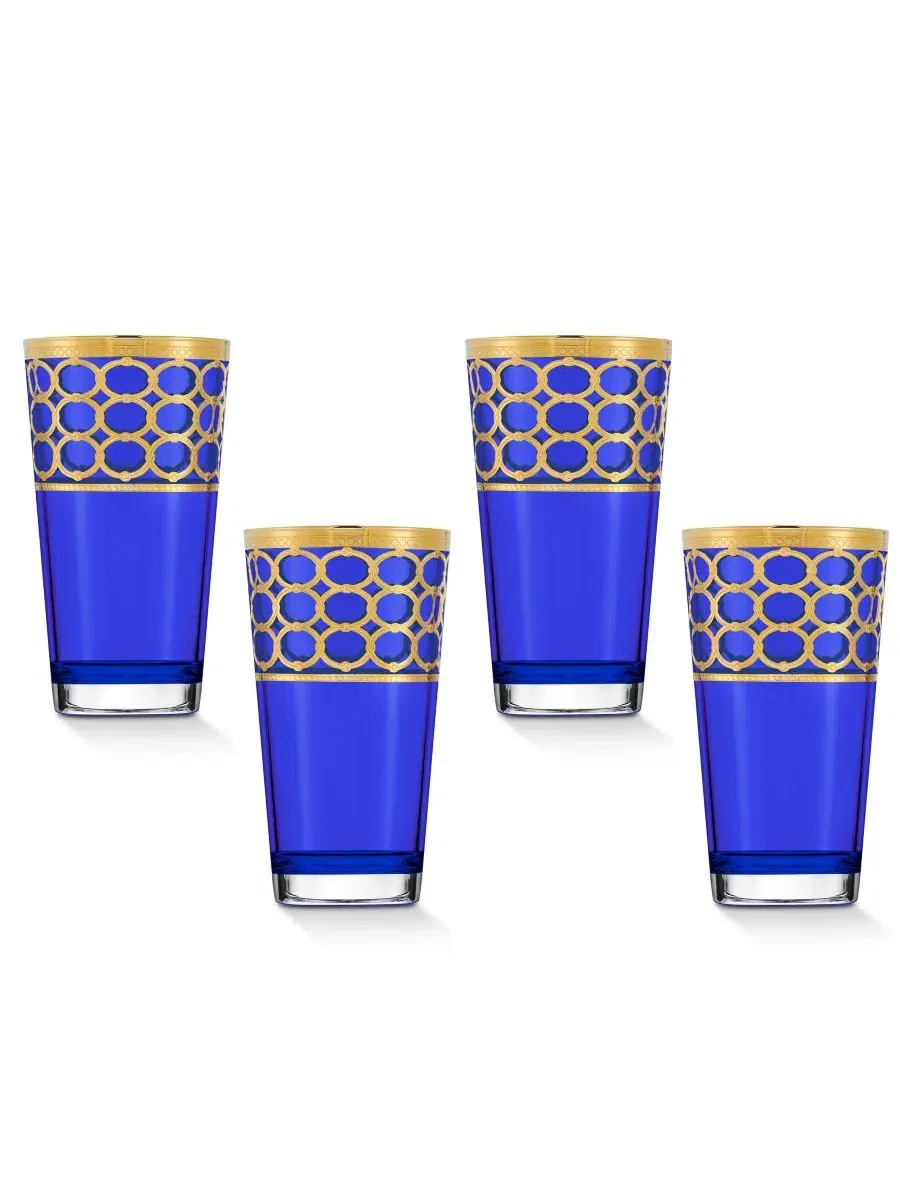Набор из 4 стаканов с золотыми кольцами Cobalt Blue High Ball Lorren Home Trends — изображение 1 из 5, синий