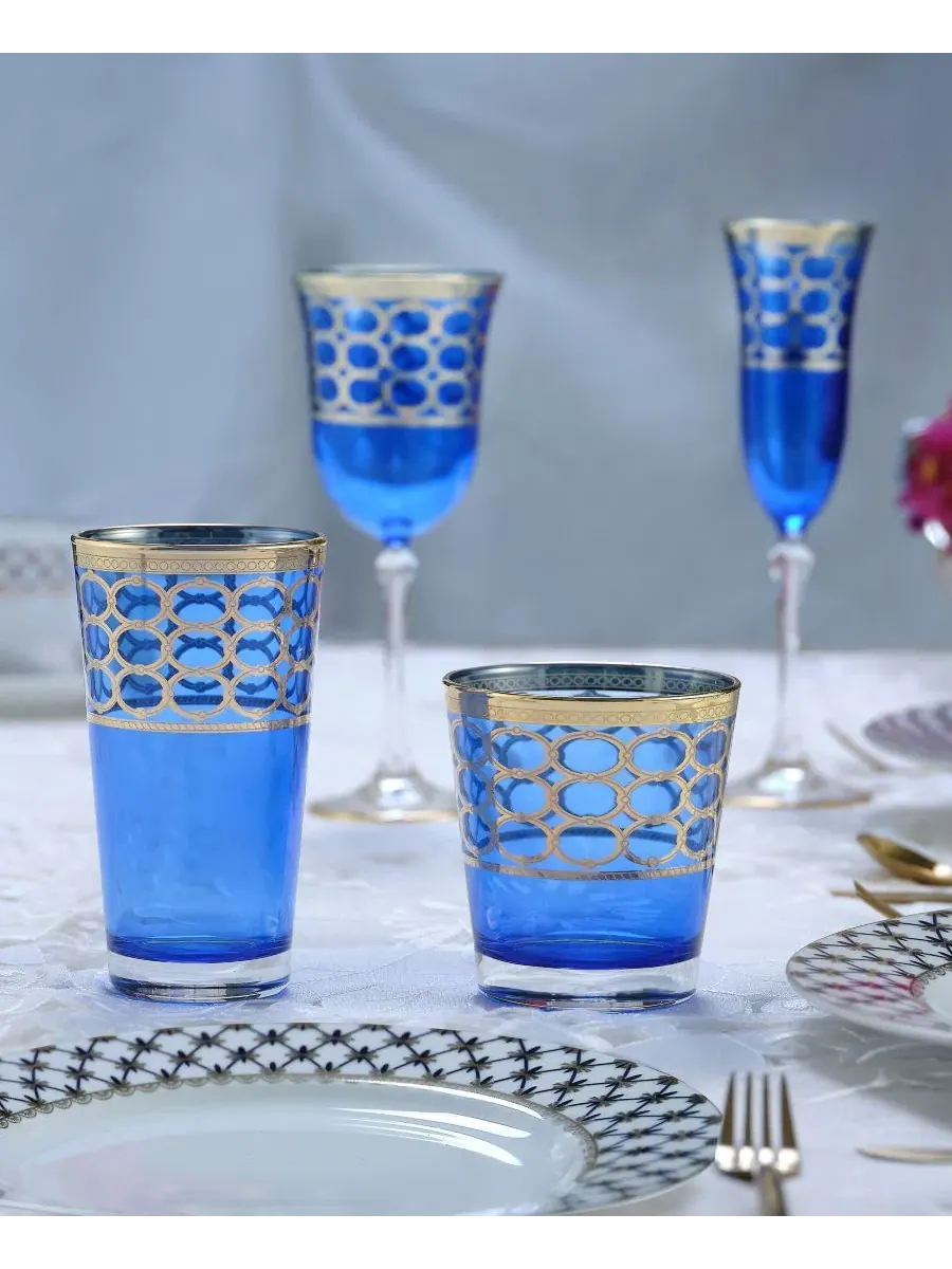 Набор из 4 стаканов с золотыми кольцами Cobalt Blue High Ball Lorren Home Trends — изображение 4 из 5, синий