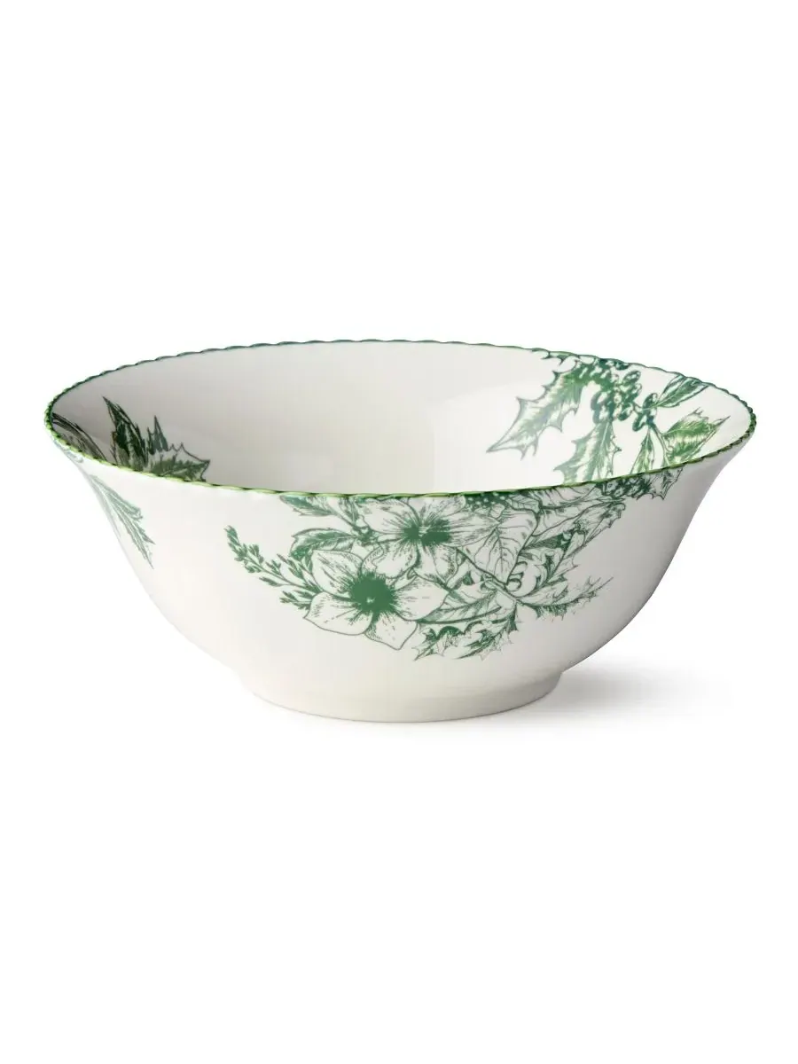 Глубокая миска из фарфора, 25 см, 2,5 л, с ботаническим принтом, Winter Evergreen Deep Bowl — изображение 1 из 4, зеленый