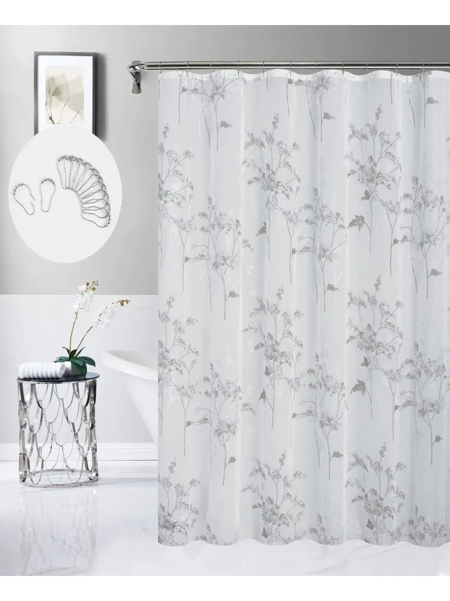 Шторка для ванной с металлическим цветочным принтом, 13 предметов Dainty Home — серебристый