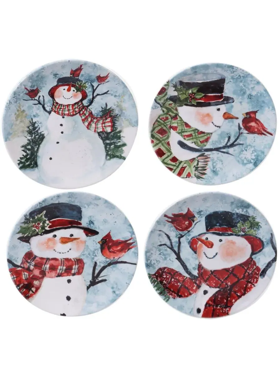 Набор из 4 десертных тарелок Watercolor Snowman Certified International — изображение 1 из 1, синий/белый/красный