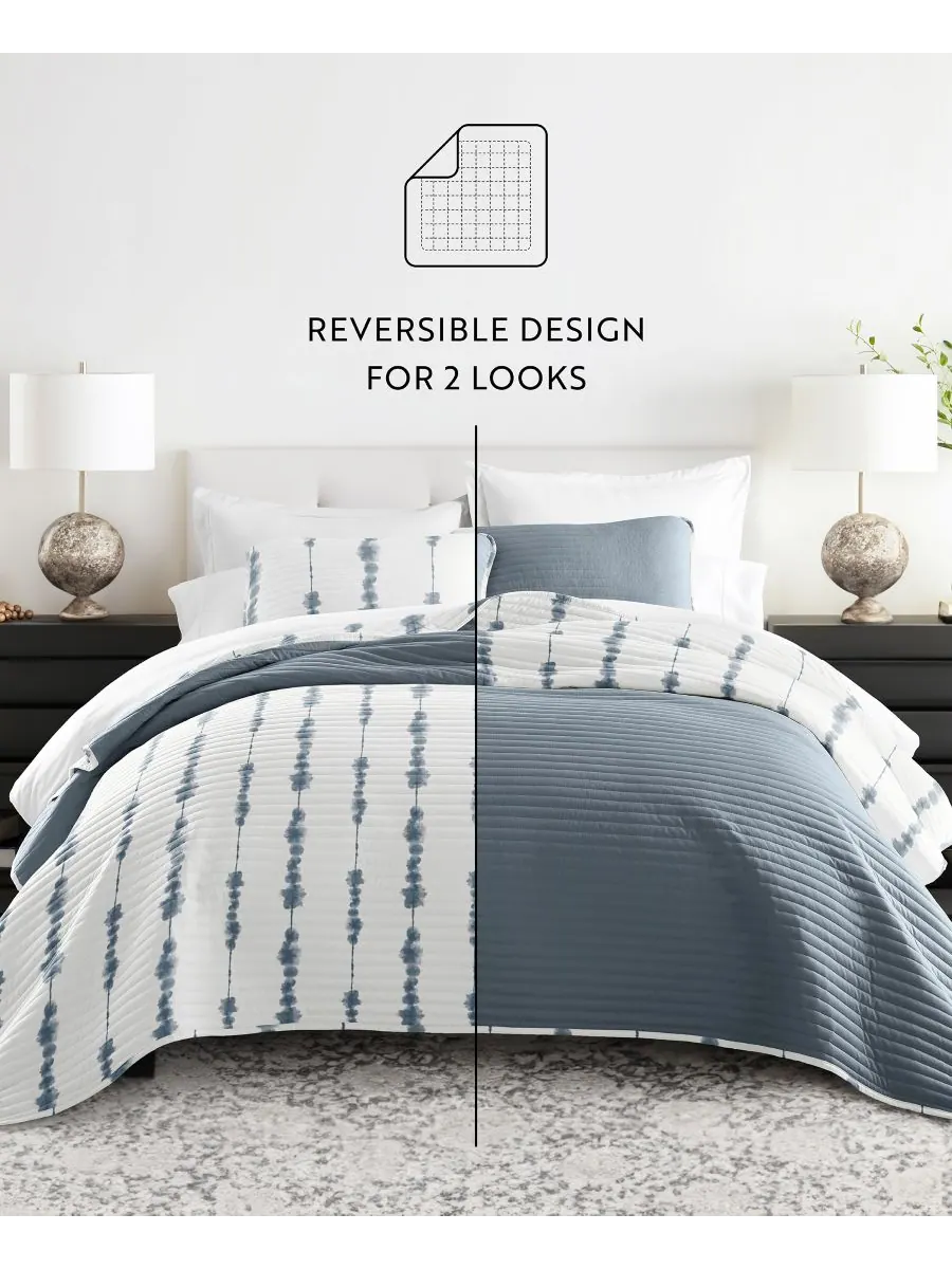 Двустороннее стеганое одеяло Shibori, 3 предмета, легкое, размер Full/Queen Ienjoy Home — изображение 3 из 10, темно-синий