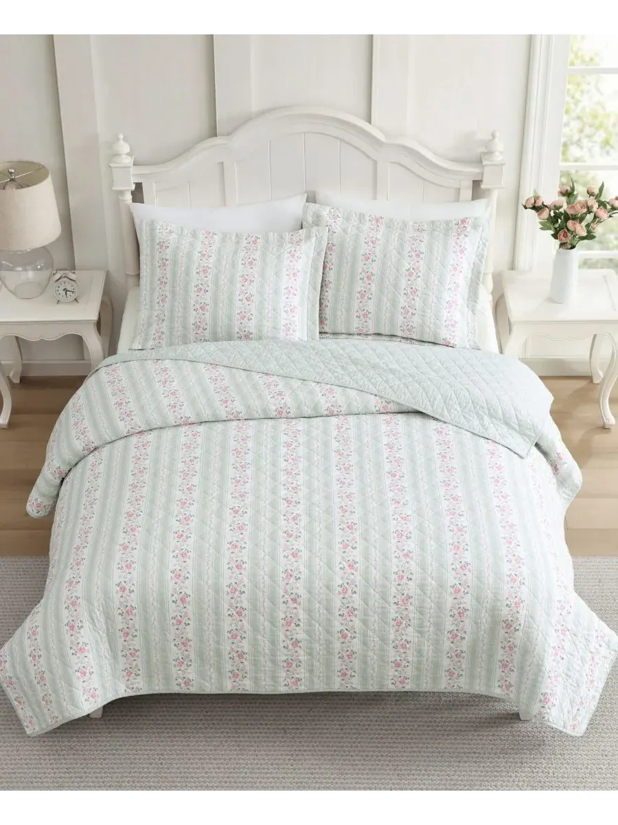 Двустороннее одеяло Rosebud Stripe, 2 предмета, размер Twin Laura Ashley — изображение 3 из 8, светлый зеленый