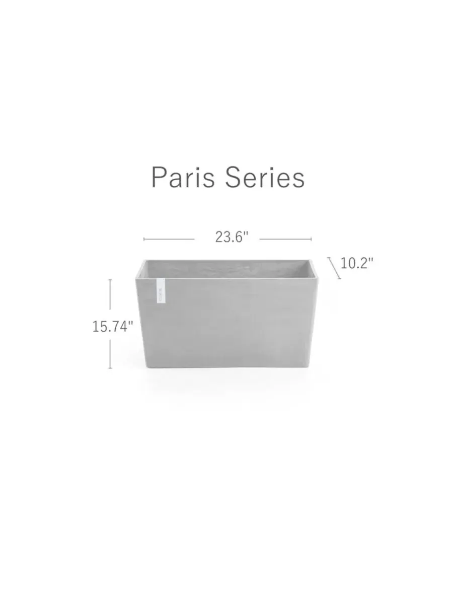 Прочный современный прямоугольный пластиковый горшок для растений Paris, 60 см Ecopots — изображение 2 из 3, белый серый