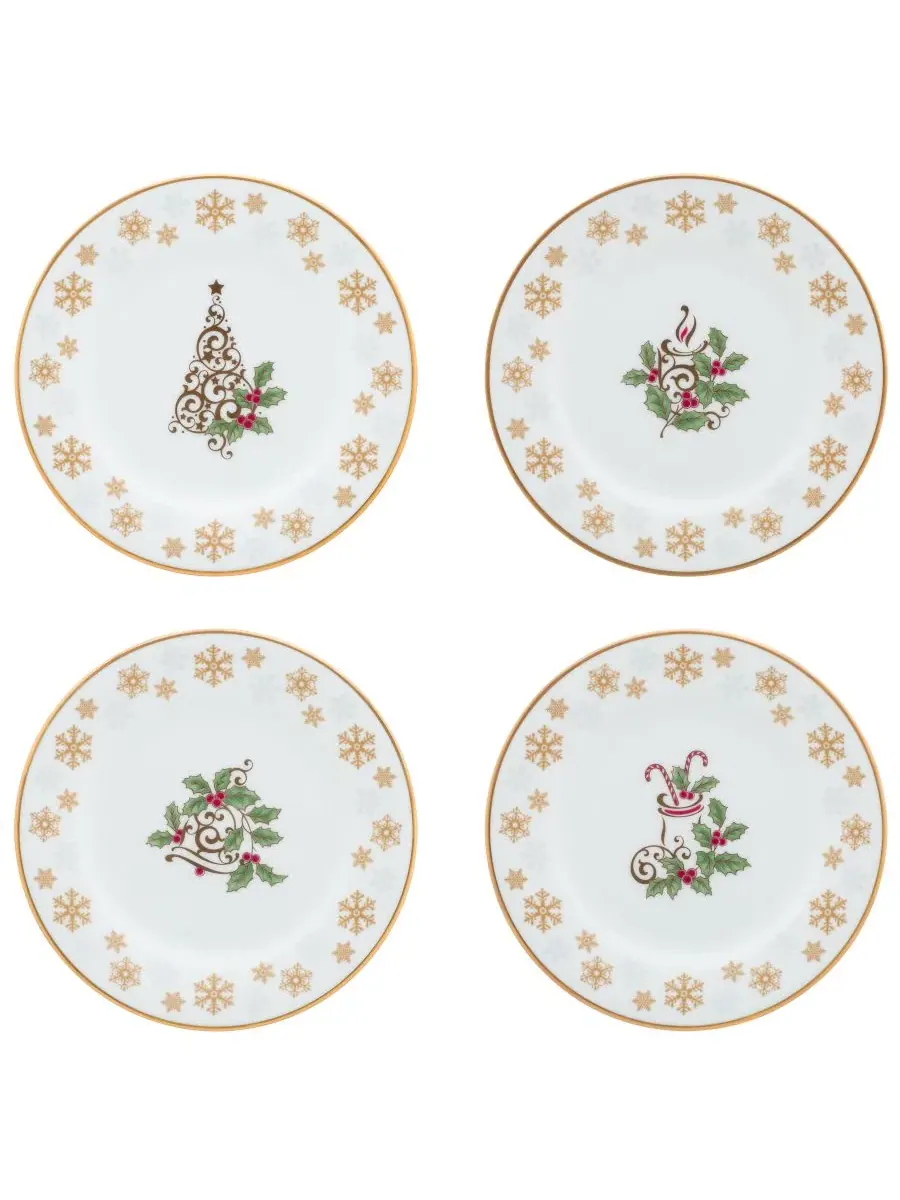 Набор из 4 праздничных тарелок для закусок Holly & Berry Gold, 16 см Noritake — изображение 1 из 11, белый/зеленый/красный