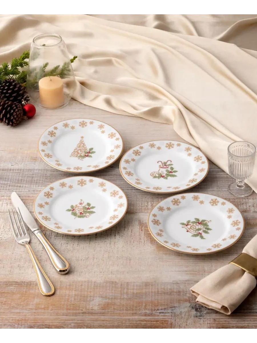 Набор из 4 праздничных тарелок для закусок Holly & Berry Gold, 16 см Noritake — изображение 2 из 11, белый/зеленый/красный