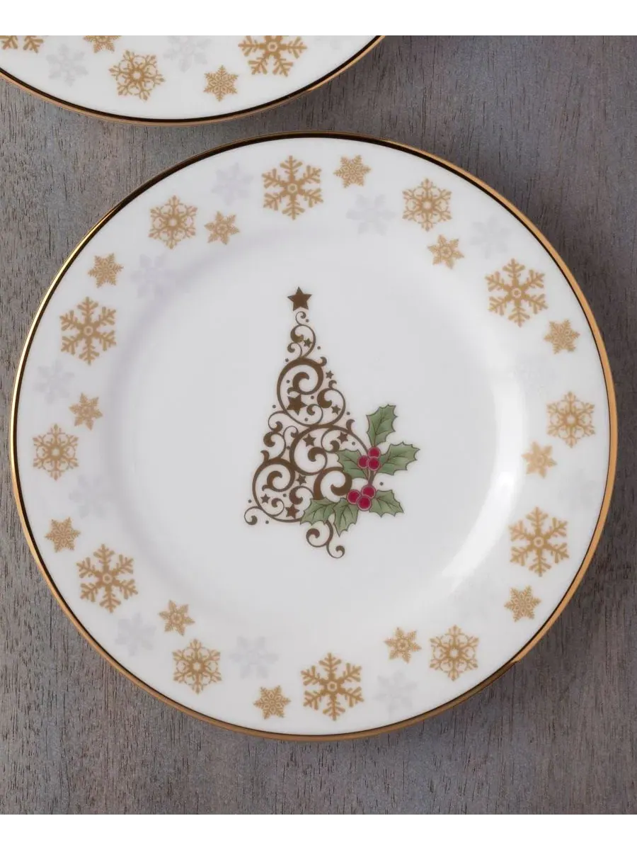 Набор из 4 праздничных тарелок для закусок Holly & Berry Gold, 16 см Noritake — изображение 11 из 11, белый/зеленый/красный